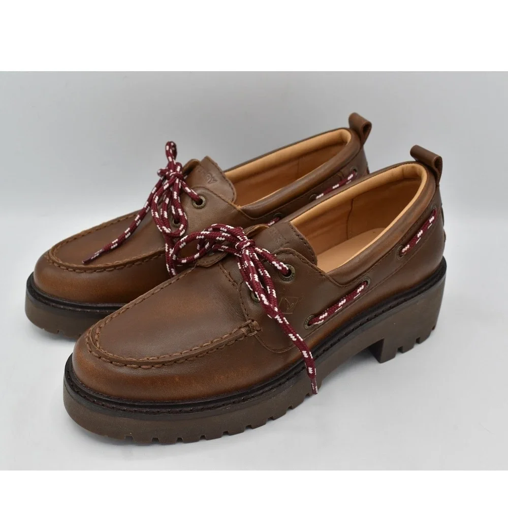 Sperry 2 Eye Women Size 8 Brown Leather Lug Slip On Boat Shoes Coquette Preppy